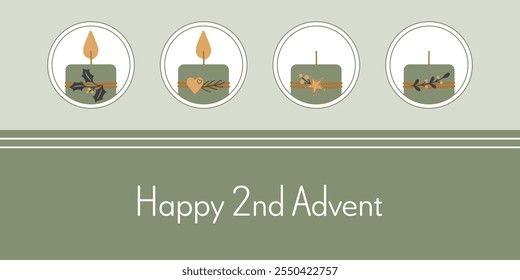 Happy 2nd Advent. Greeting card with four decorated candles in green, gold and anthracite.