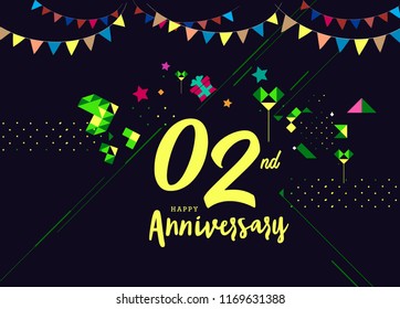 Happy 2nd Anniversary lettering text banner, dark color with geometric background