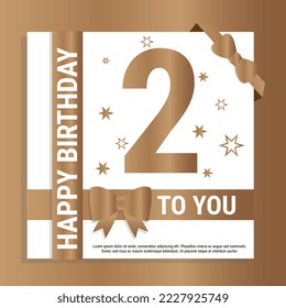 Happy 2nd Birthday. Gold numerals and glittering gold ribbons. Festive background. Decoration for party event, greeting card and invitation, design template for birthday celebration. Eps10 Vector