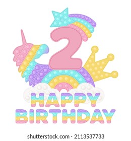 Feliz segundo cumpleaños, dos años, deséguenlo o sublimación para camisetas al estilo de un juguete de silicona de moda para los objetos. Número rosa, unicornio, corona y juguetes arcoiris en colores pastel. Vector