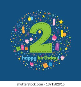 HAPPY 2nd BIRTHDAY! vector hand lettering card on blue background with colorful hand-drawn motifs