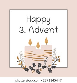 Alles Gute 3. Advent. Viereckige Grußkarte mit Kerzen und Winterzweigen.