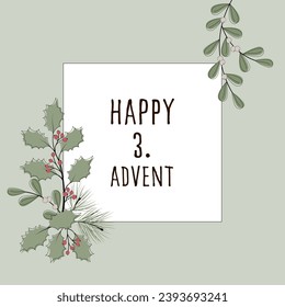 Happy 3. Advent. Square greeting card with winter branches and berries on a pastel green frame.