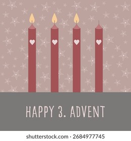 Feliz 3. Adviento. Tarjeta de felicitación cuadrada con cuatro velas delante de un fondo con estrellas.