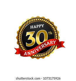 Happy 30 Years Anniversary Golden Badge Logo with ring and ribbon.