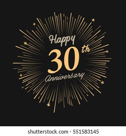 Happy 30th Anniversary. With Fireworks And Star On Dark Background.Greeting Card, Banner, Poster