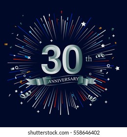 Happy 30th Anniversary. with fireworks and star on dark background.Greeting card, banner, poster