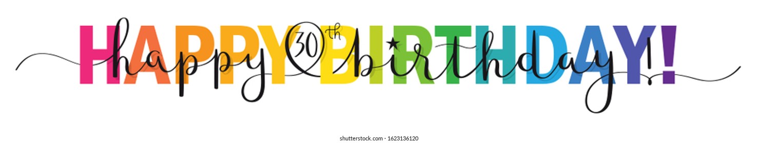 HAPPY 30th BIRTHDAY! Colorful Vector Mixed Typography Banner With Brush Calligraphy