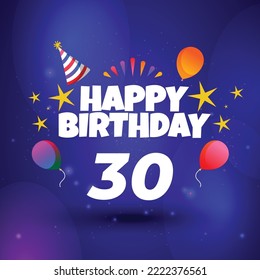 Happy 30th birthday hand drawn vector lettering design on background of pattern with stripes. Perfect for greeting card.