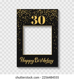 Happy 30th Birthday photo booth frame on a transparent background. Birthday party photobooth props. Black and gold confetti party decorations. Vector template. 