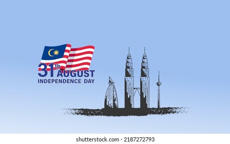 Happy 31st August Malaysia Independence Day Vector Illustration. Design for 65th National Day Poster Banner Template. Twin Tower and Flag of Malaysia