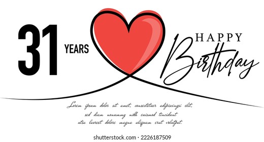 Happy 31st birthday card vector template with lovely heart shape.
