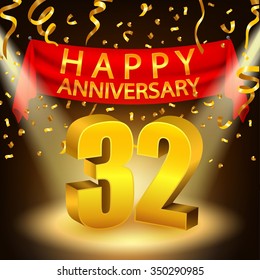 Happy 32nd Anniversary celebration with golden confetti and spotlight