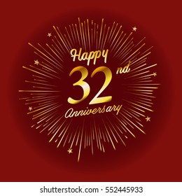 Happy 32nd Anniversary. with fireworks and star on red background.Greeting card, banner, poster