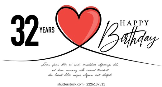 Happy 32nd birthday birthday card vector template with lovely heart shape.
