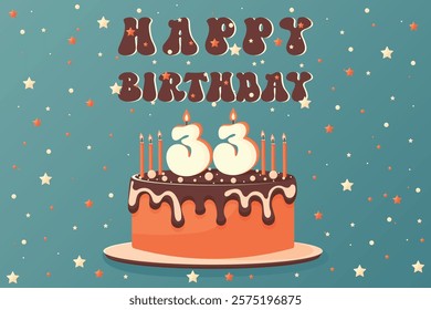 Happy 33 birthday card with birthday cake in retro colors flat vector illustration