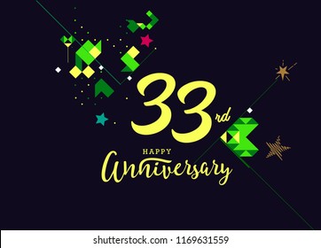 Happy 33rd Anniversary lettering text banner, dark color with geometric background