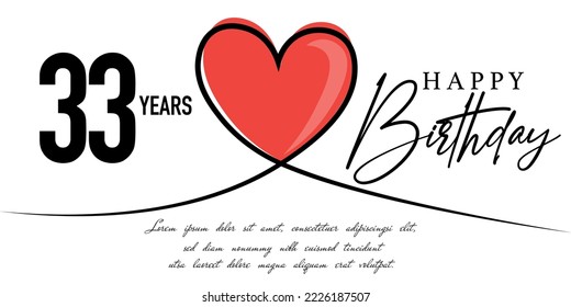 Happy 33rd  birthday card vector template with lovely heart shape.
