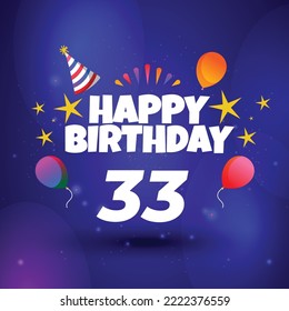 Happy 33rd birthday hand drawn vector lettering design on background of pattern with stripes. Perfect for greeting card.