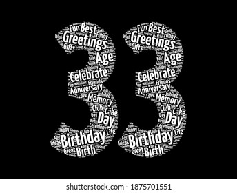 Happy 33rd birthday word cloud, holiday concept background