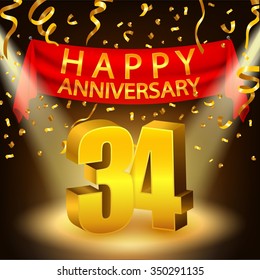 Happy 34th Anniversary celebration with golden confetti and spotlight