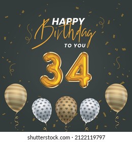 Happy 34th birthday, greeting card, vector illustration design.
