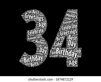 Happy 34th birthday word cloud, holiday concept background