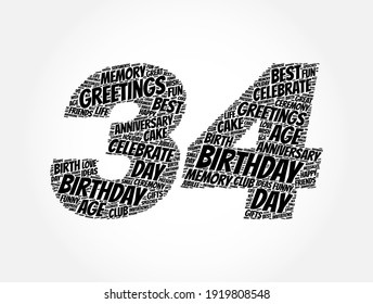 Happy 34th birthday word cloud, holiday concept background