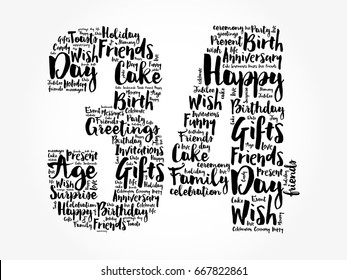 Happy 34th birthday word cloud collage concept