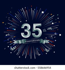 Happy 35th Anniversary. with fireworks and star on dark background.Greeting card, banner, poster