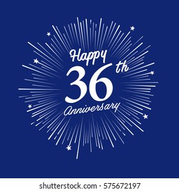 Happy 36th Anniversary. with fireworks and star on blue background.Greeting card, banner, poster