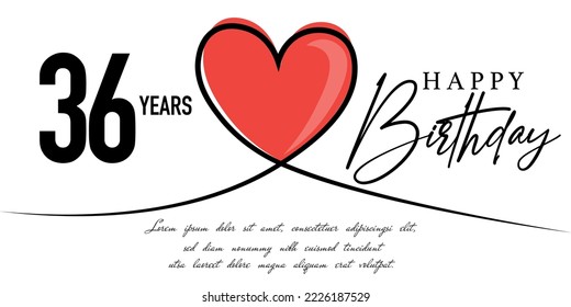Happy 36th birthday card vector template with lovely heart shape.
