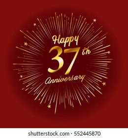 Happy 37th Anniversary. with fireworks and star on red background.Greeting card, banner, poster