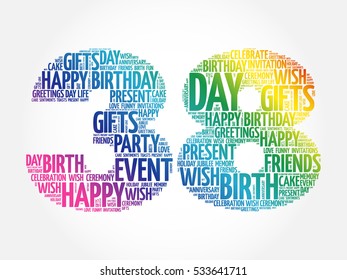 Happy 38th birthday word cloud collage concept