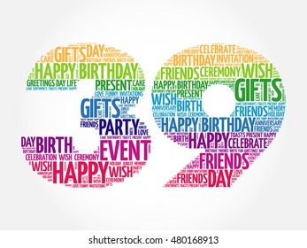 Happy 39th birthday word cloud collage concept