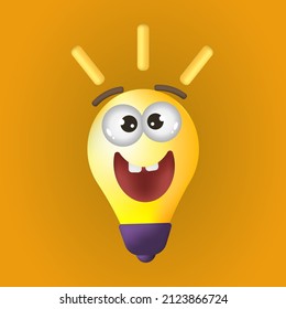 Happy 3D character. I have an idea!3D cartoon style minimal yellow light bulb icon with eyes.Idea, solution, business, strategy concept. Solution and business idea. Thinking, invention symbol.