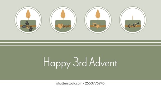 Alles Gute zum 3. Advent. Grußkarte mit vier verzierten Kerzen in Grün, Gold und Anthrazit.