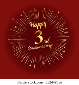Happy 3rd Anniversary. with fireworks and star on red background.Greeting card, banner, poster