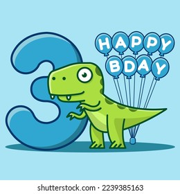 Happy 3rd Birthday. Cute invitation card with dinosaur and balloons.