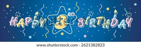 Happy 3rd Birthday handwritten multi color bold typography lettering with white neon outline. Colorful greeting card vector illustration with confetti, ribbons, sparkle firework, candle on blue
