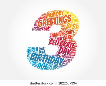 Happy 3rd birthday word cloud, holiday concept background