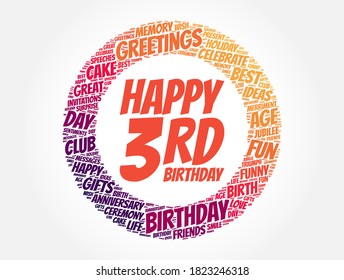 Happy 3rd birthday word cloud, holiday concept background