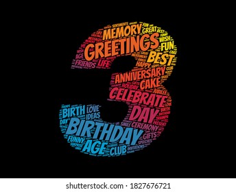 Feliz tercer cumpleaños palabra nube, fondo de concepto de vacaciones