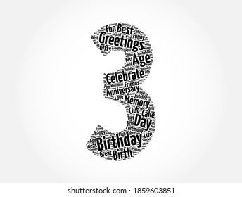 Happy 3rd birthday word cloud, holiday concept background