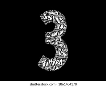 Happy 3rd birthday word cloud, holiday concept background