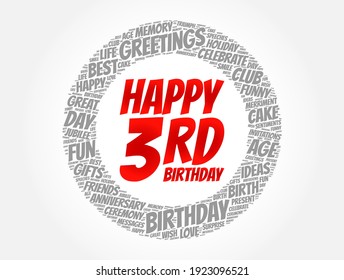 Happy 3rd birthday word cloud, holiday concept background