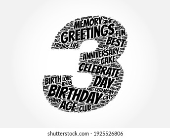 Happy 3rd birthday word cloud, holiday concept background