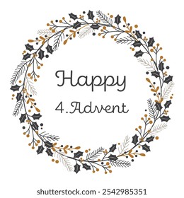 Happy 4. Advent. Greeting card with a wreath of winter branches in gold and gray tones.