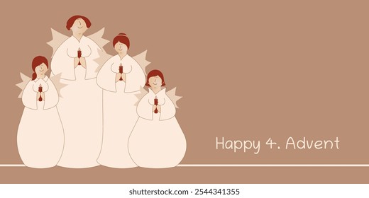 Happy 4. Advent. Greeting card with four cute angels with candles.