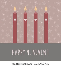 Feliz 4. Adviento. Tarjeta de felicitación cuadrada con cuatro velas delante de un fondo con estrellas.